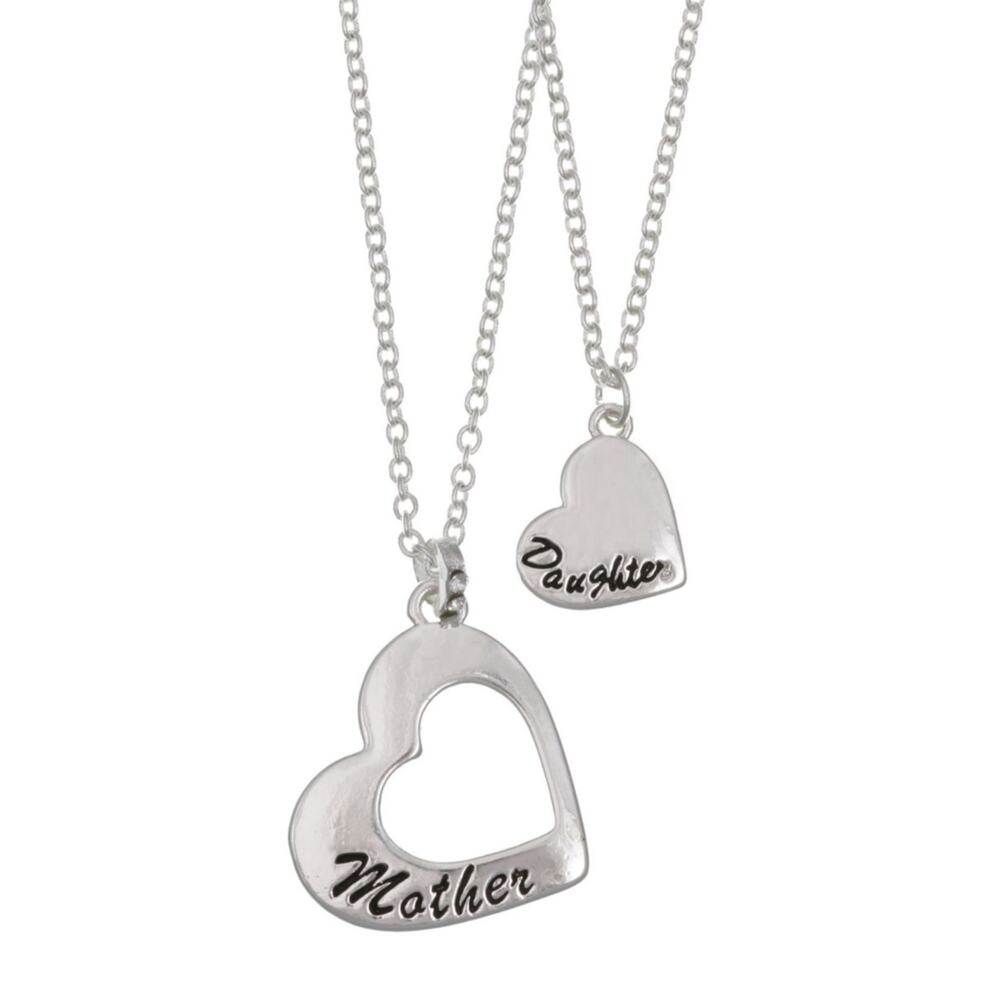 FAO Schwarz Fine Silver Plate Mother Daughter Heart Pendant Necklace Set